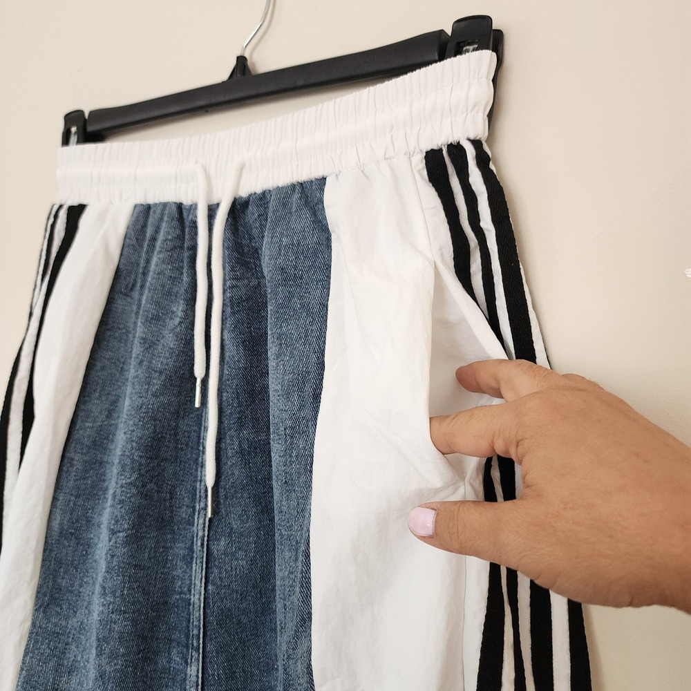 Denim and Track Stripe Mixed Media Maxi Skirt Blue White Sporty Streetwear - Picture 6 of 6